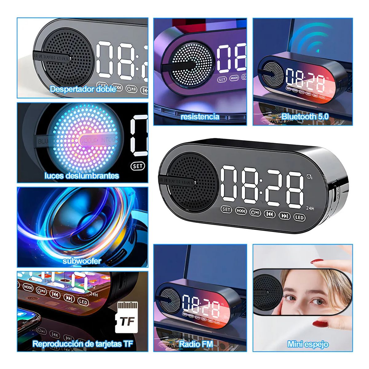 KUANGYE - Reloj Digital Despertador Led Con Bocina Bluetooth Y Radio Negro