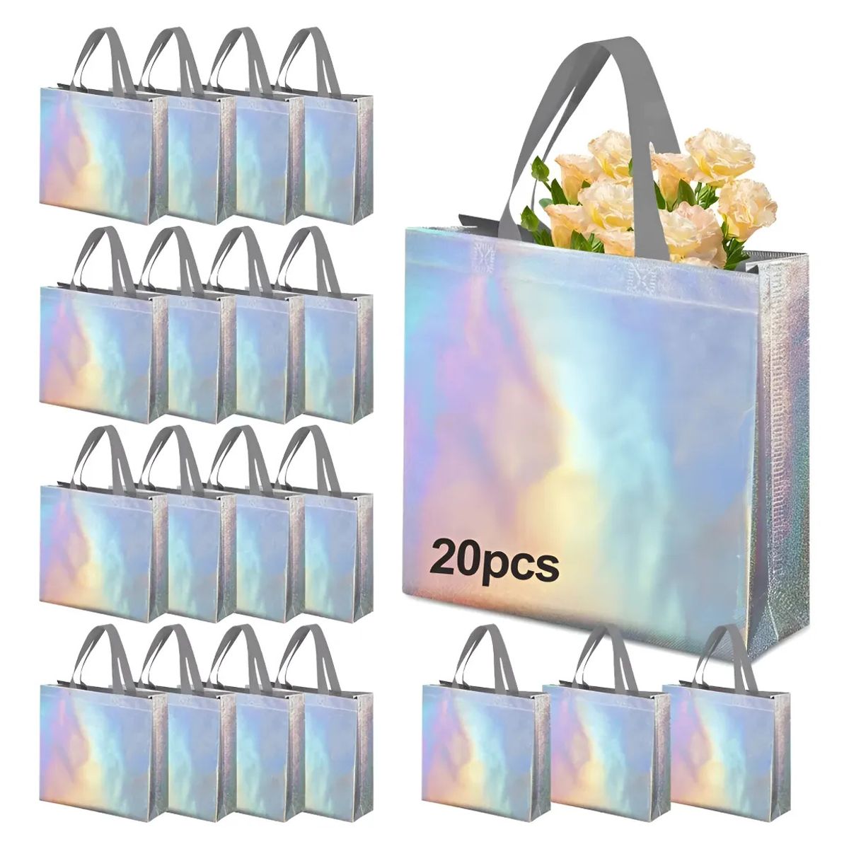 KUANGYE - 20 Bolsas Regalo Boutique De Arcoíris Plata Con Asas 27x32cm