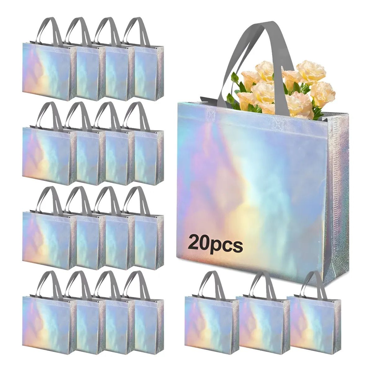 KUANGYE - 20 Bolsas Regalo Boutique De Arcoíris Plata Con Asas 27x32cm