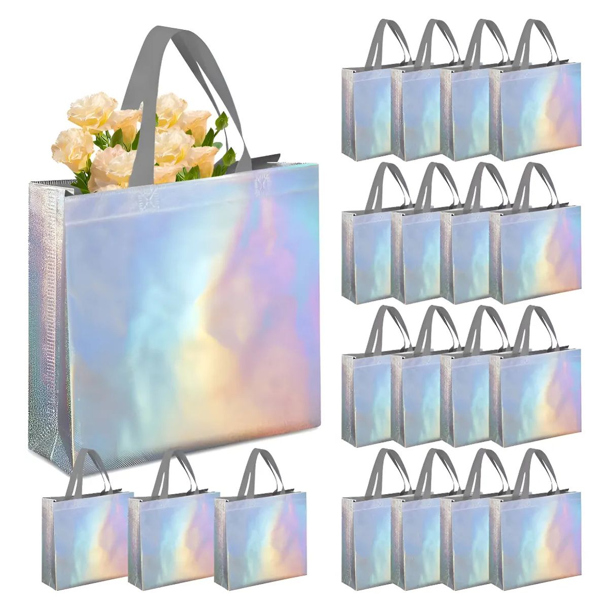 KUANGYE - 20 Bolsas Regalo Boutique De Arcoíris Plata Con Asas 27x32cm