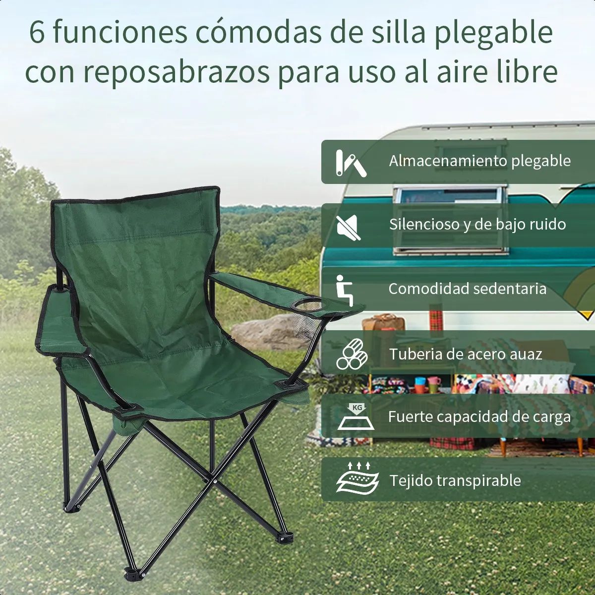 SUPERCENTER - Silla Plegable De Playa Camping Con Bolso De Porta Vasosverde