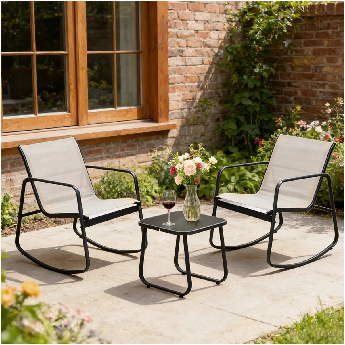 ROHE - Juego de Living de Terraza y Balcón 3 Piezas 2 Personas Beige negro