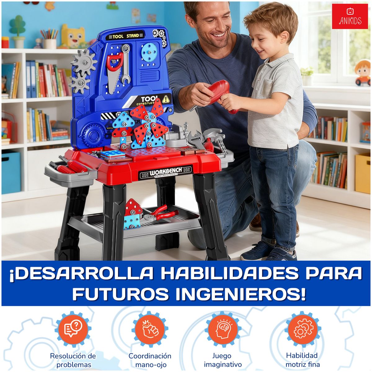 ANIKIDS - Set De Juego Banco Herramientas Con Taladro Juguete Niños 144 Piezas