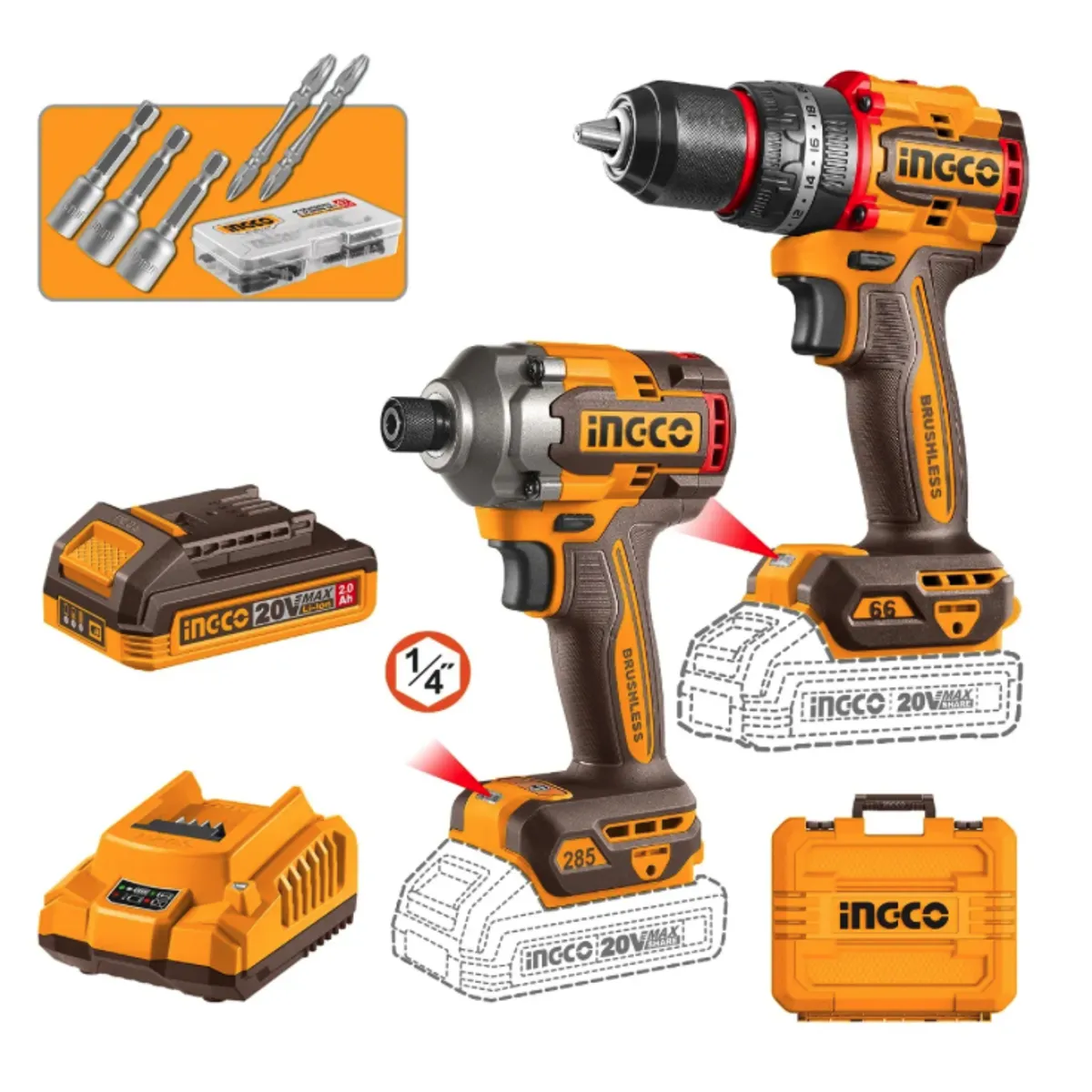 INGCO - Taladro percutor y Atornillador impacto 20V + 2 Bat y Carg