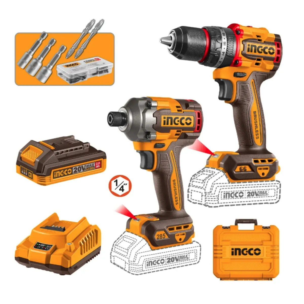 INGCO - Taladro percutor y Atornillador impacto 20V + 2 Bat y Carg