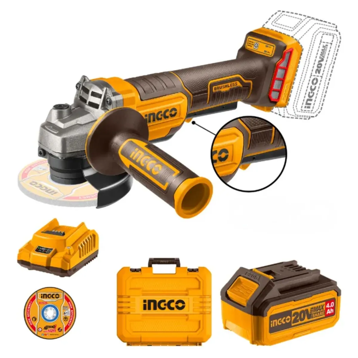 INGCO - Esmeril Bl C/Hm +Bat 4Ah Y Car+10 Discos 4 1/2" 20V/115Mm