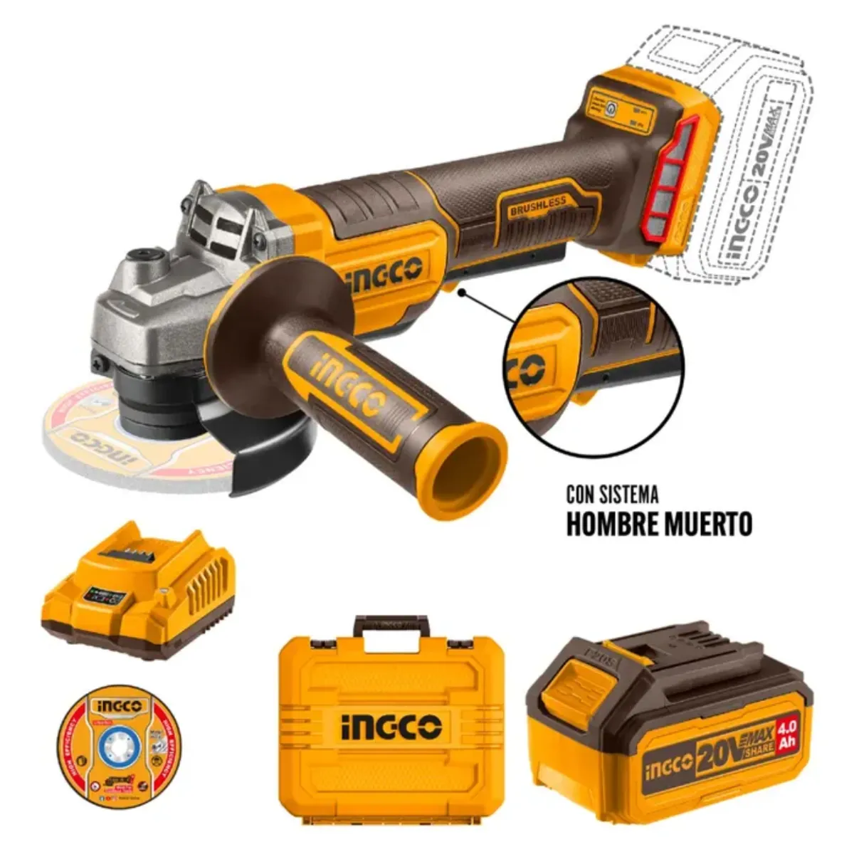 INGCO - Esmeril Bl C/Hm +Bat 4Ah Y Car+10 Discos 4 1/2" 20V/115Mm