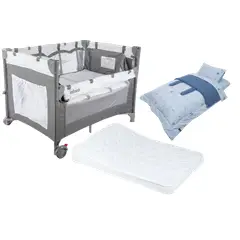 INFANTI - Cuna Colchón Anti-reflujo Playard Always Together Marengo y Set Sabanas Azules