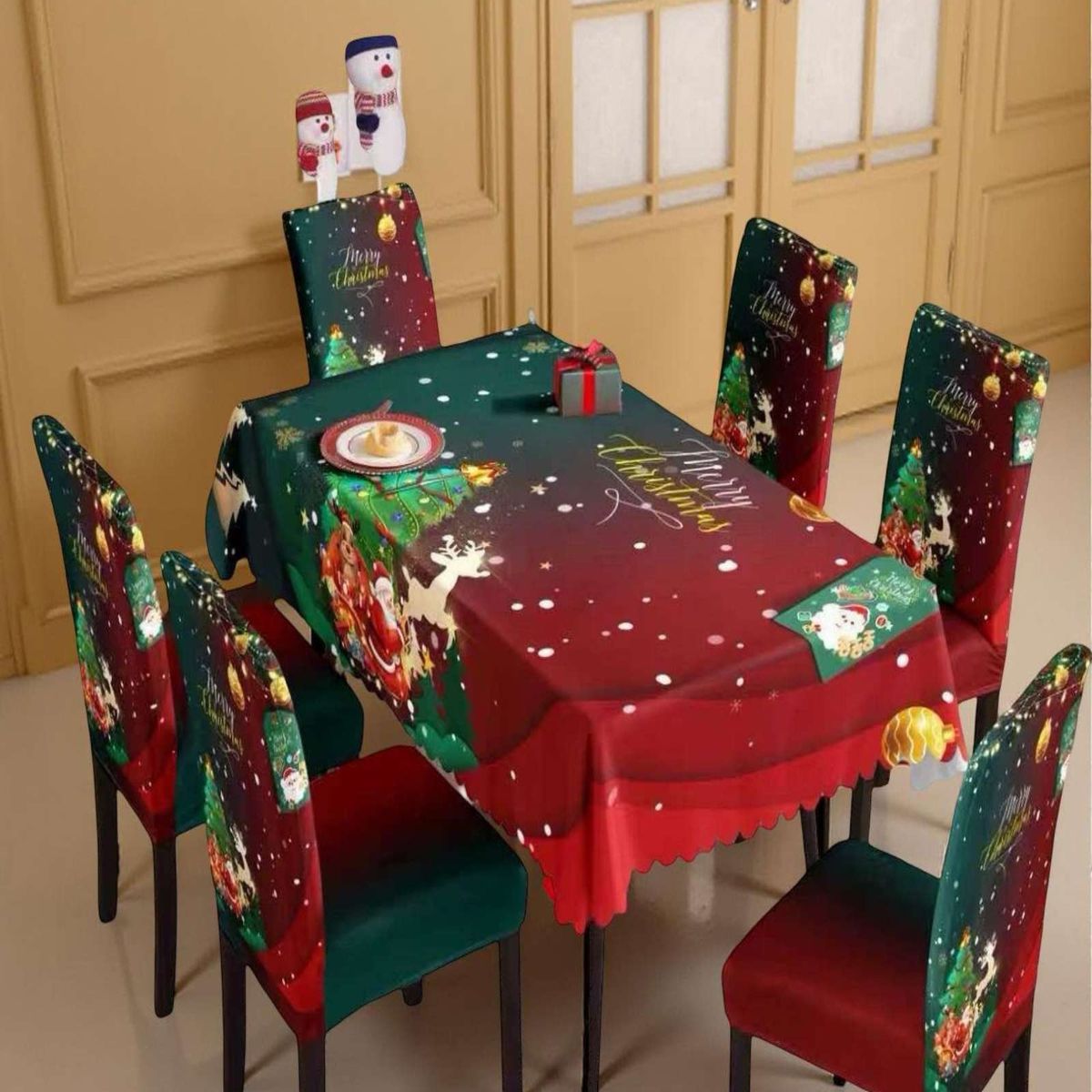 GENERICO - JUEGO DE MANTEL DE NAVIDAD MAS 6 FUNDAS DE SILLAS
