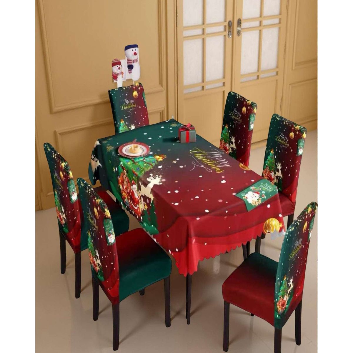 GENERICO - JUEGO DE MANTEL DE NAVIDAD MAS 6 FUNDAS DE SILLAS