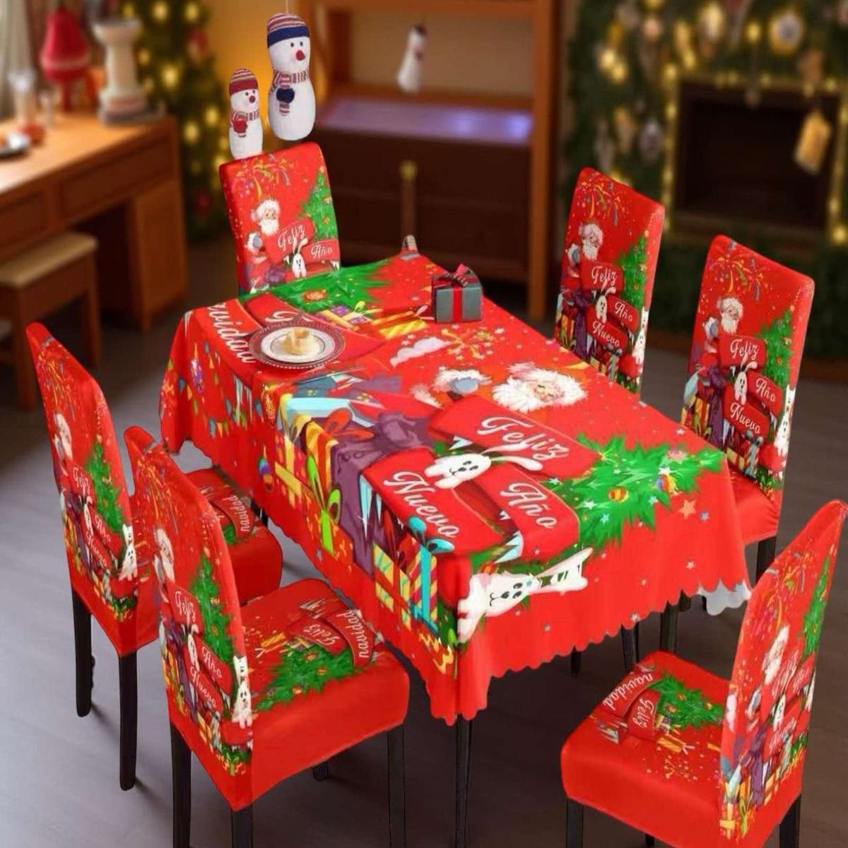 GENERICO - JUEGO DE MANTEL DE NAVIDAD MAS 6 FUNDAS DE SILLAS
