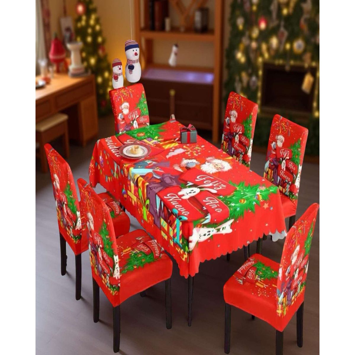 GENERICO - JUEGO DE MANTEL DE NAVIDAD MAS 6 FUNDAS DE SILLAS