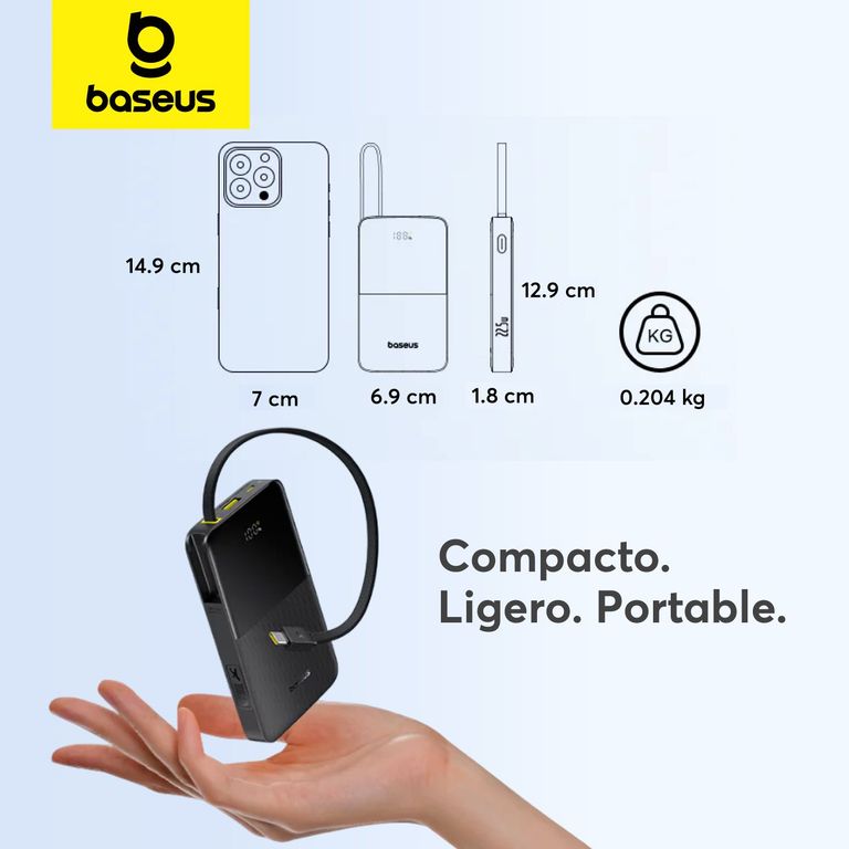 Batería Externa Power Bank 10000 mAh 22.5W con Pantalla y Cable Integrado