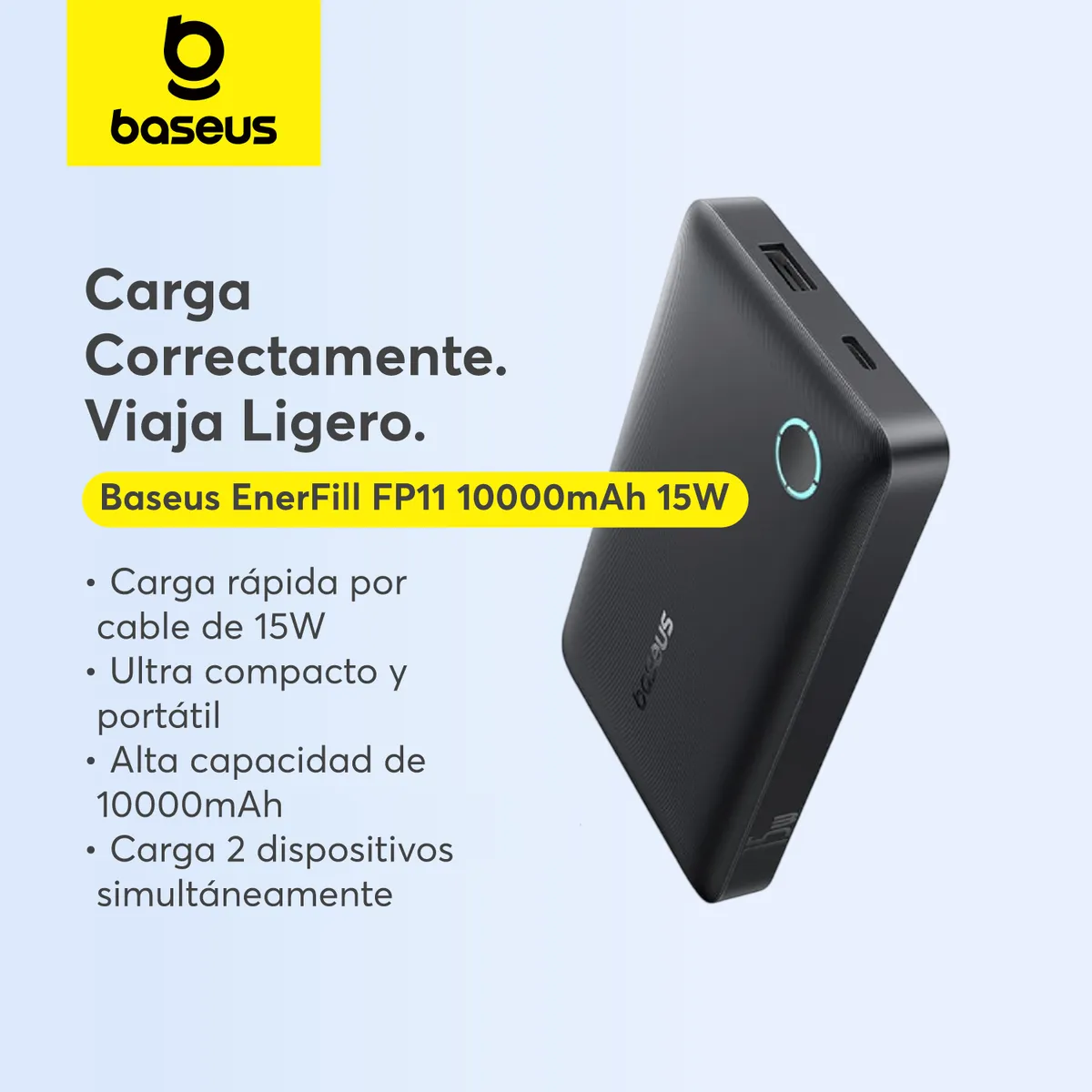 BASEUS - Batería Externa Power Bank 10000 mAh 15W con Cable USB-C a USB-C