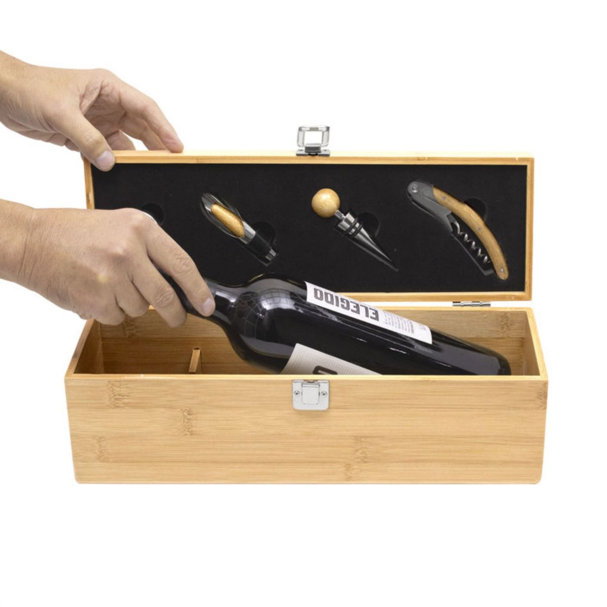 GENERICO - Set De Vino  Accesorios Para Vino + Caja De Madera 5 Piezas