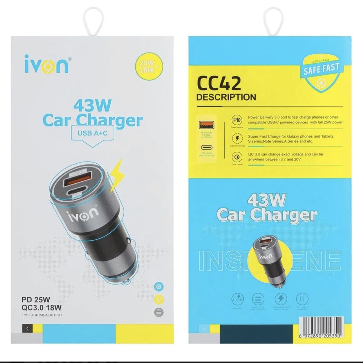 GENERICO - Cargador Para Auto 45w Doble Entrada Negro