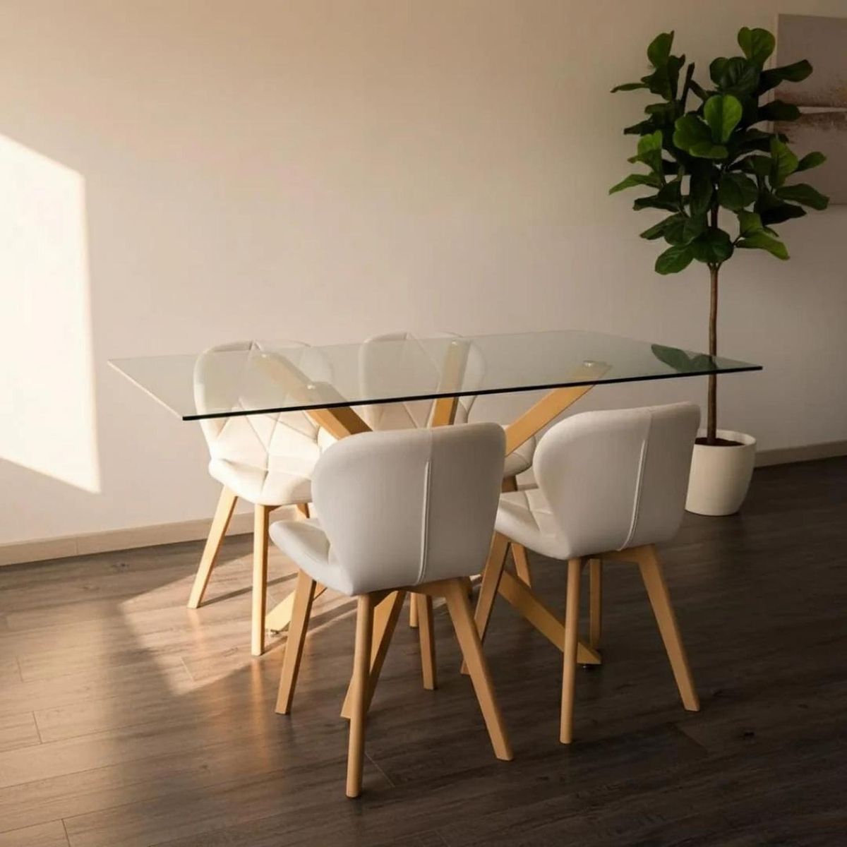 PANDALINO - Comedor Mesa Rectangular Greta 140x90 + 4 Sillones Rubik Blanco