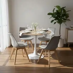 PANDALINO - Comedor Mesa Tulip 80 cm (Cubierta Efecto Madera) + 4 Sillas Tulip Gris