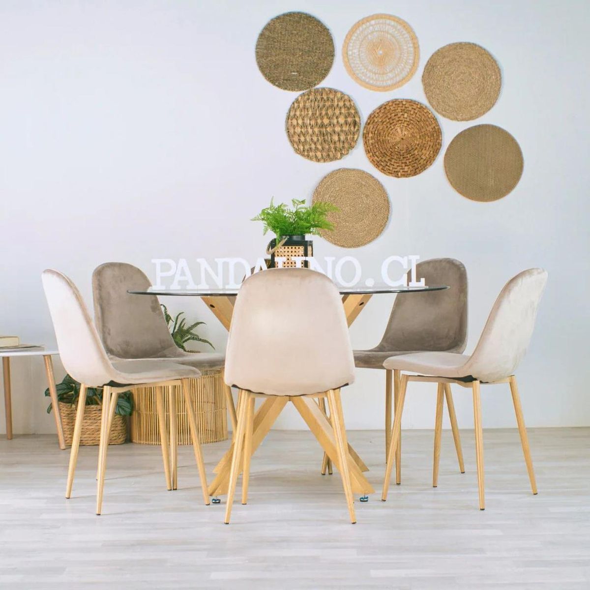 PANDALINO - Comedor Mesa Redonda Equiz 120cm + 6 Sillas Isy Beige