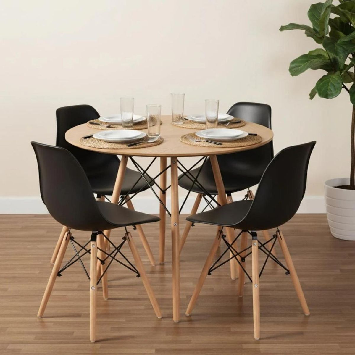 PANDALINO - Comedor Redondo Shanna 80 cm + 4 Sillas Eames Negro