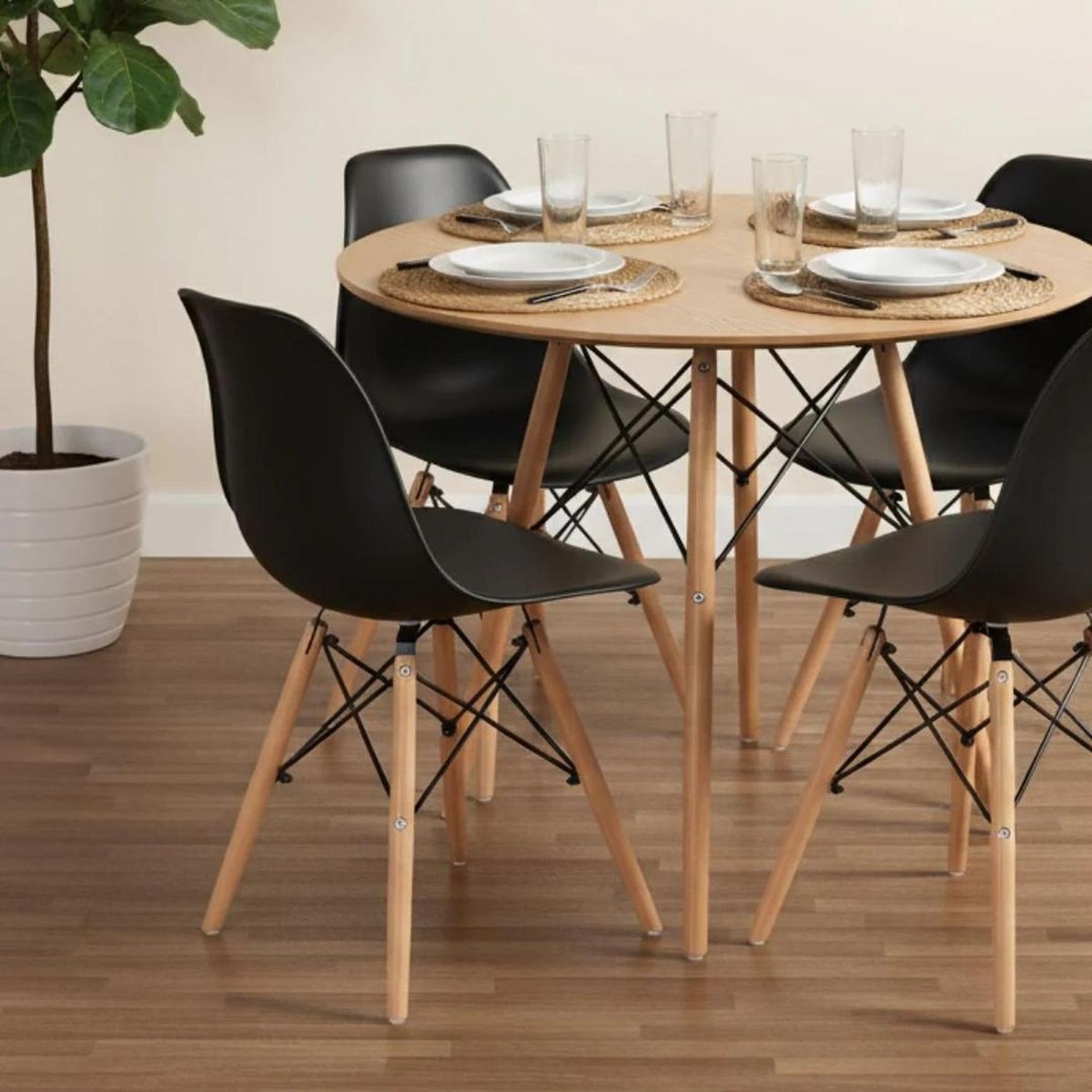 PANDALINO - Comedor Redondo Shanna 80 cm + 4 Sillas Eames Negro