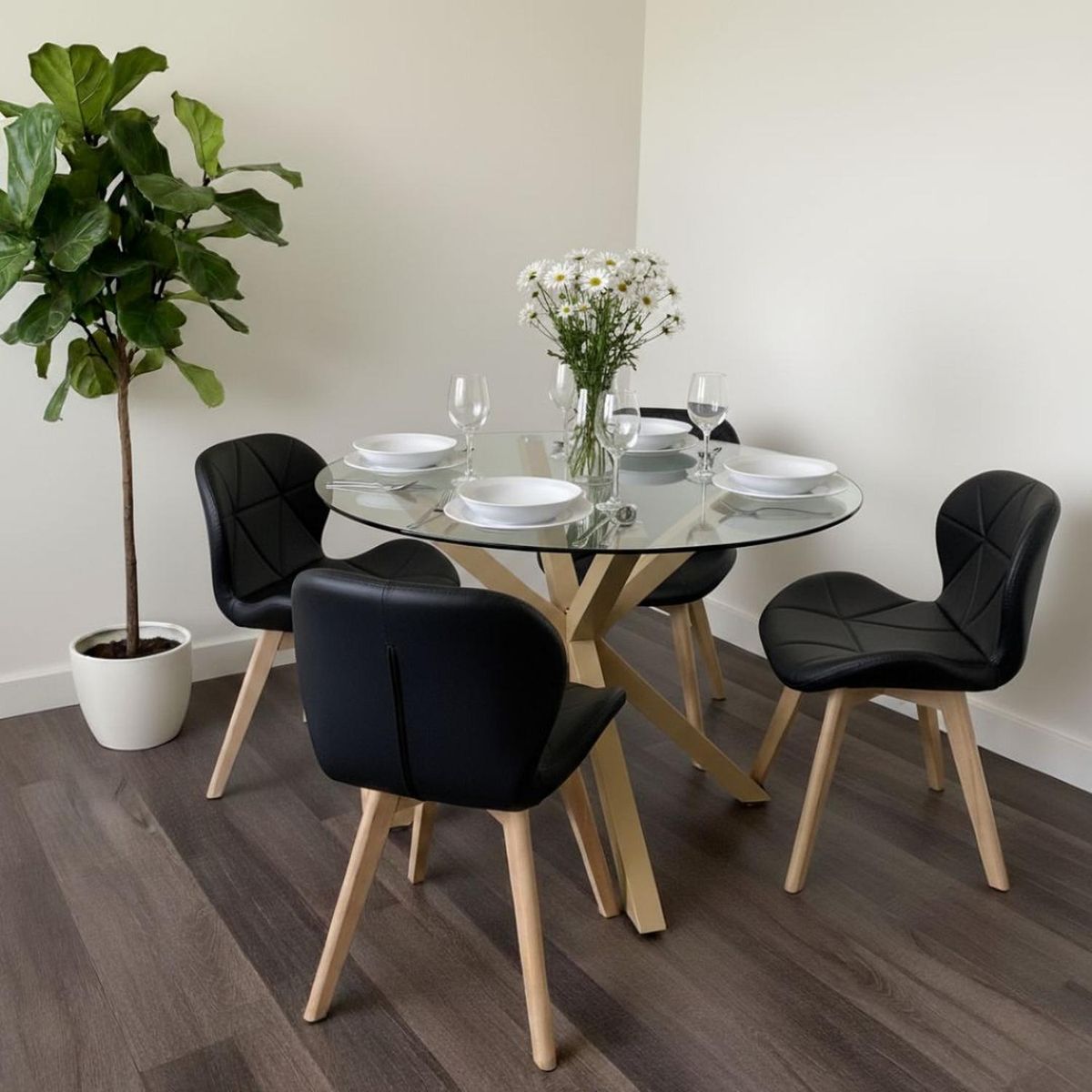 PANDALINO - Comedor Mesa Equiz 100cm + 4 Sillones Rubik Negro