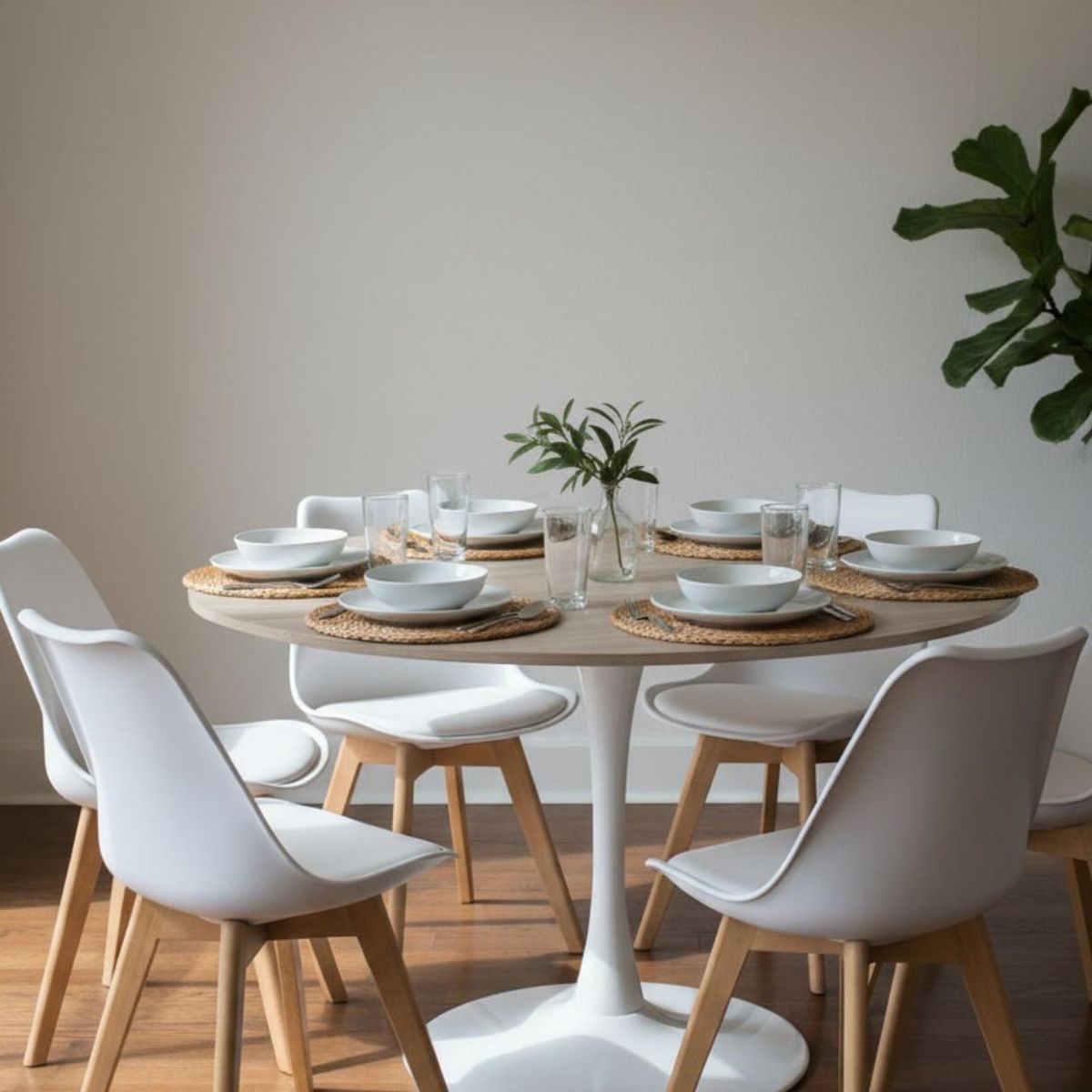 PANDALINO - Comedor Mesa Tulip 120 cm (Cubierta Efecto Madera) + 6 Sillas Tulip Blanco