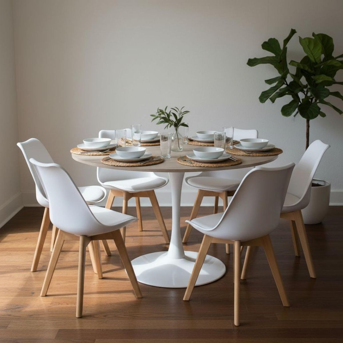 PANDALINO - Comedor Mesa Tulip 120 cm (Cubierta Efecto Madera) + 6 Sillas Tulip Blanco