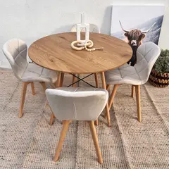 PANDALINO - Comedor Mesa Shanna 100cm + 4 Sillones Rubik Beige Velvet