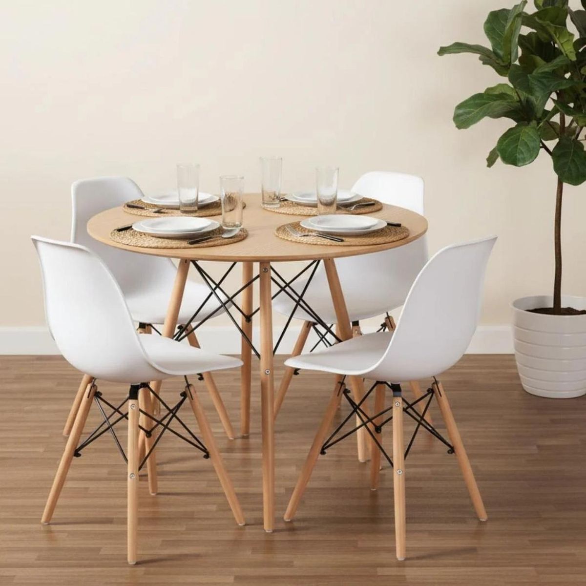 PANDALINO - Comedor Redondo Shanna 80 cm + 4 Sillas Eames Blanco