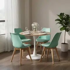 PANDALINO - Comedor Mesa Tulip 80 cm (Cubierta Efecto Madera) + 4 Sillas Tulip Menta