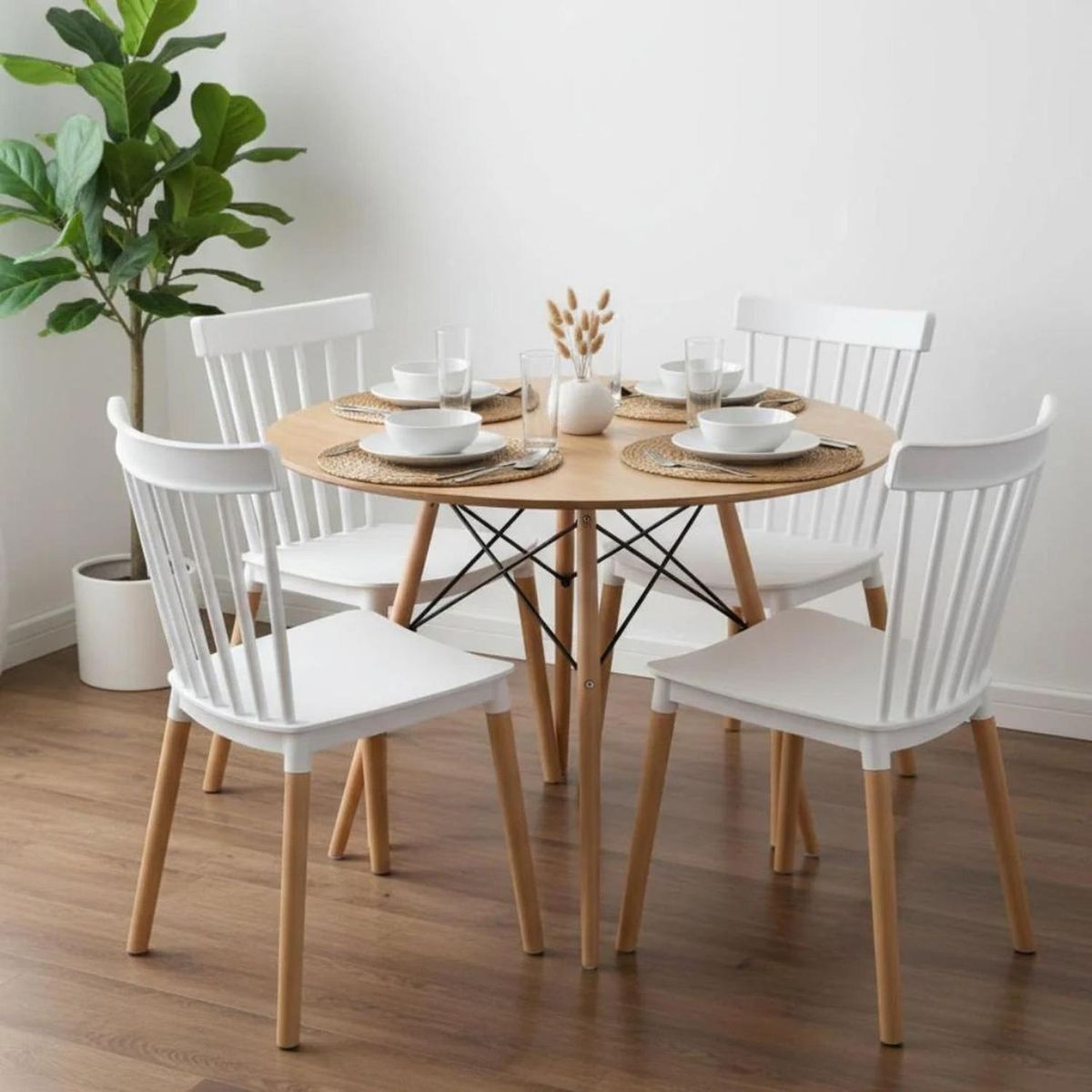 PANDALINO - Comedor Redondo Shanna 80 cm + 4 Sillas Windsor Blanco
