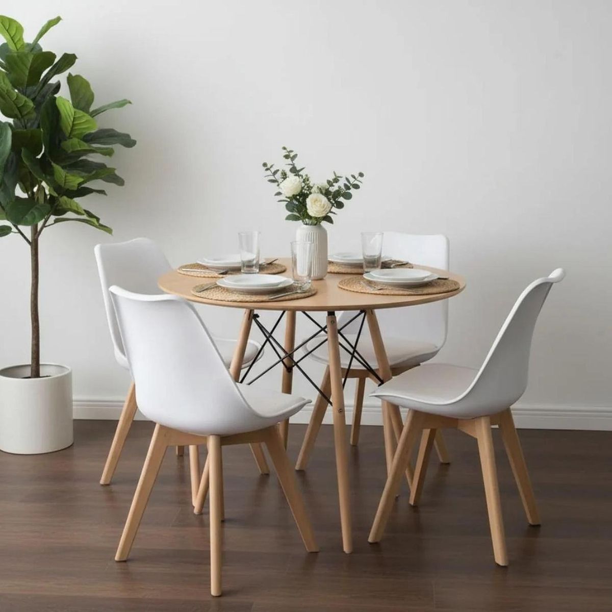 PANDALINO - Comedor Redondo Shanna 80 cm + 4 Sillas Tulip Blanco