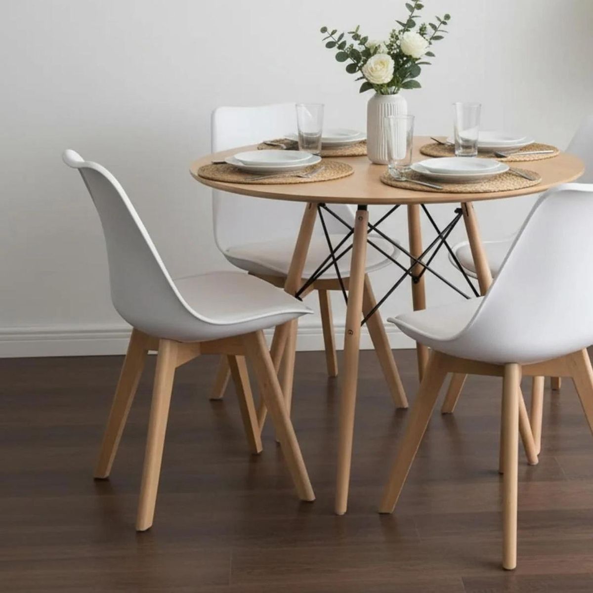 PANDALINO - Comedor Redondo Shanna 80 cm + 4 Sillas Tulip Blanco