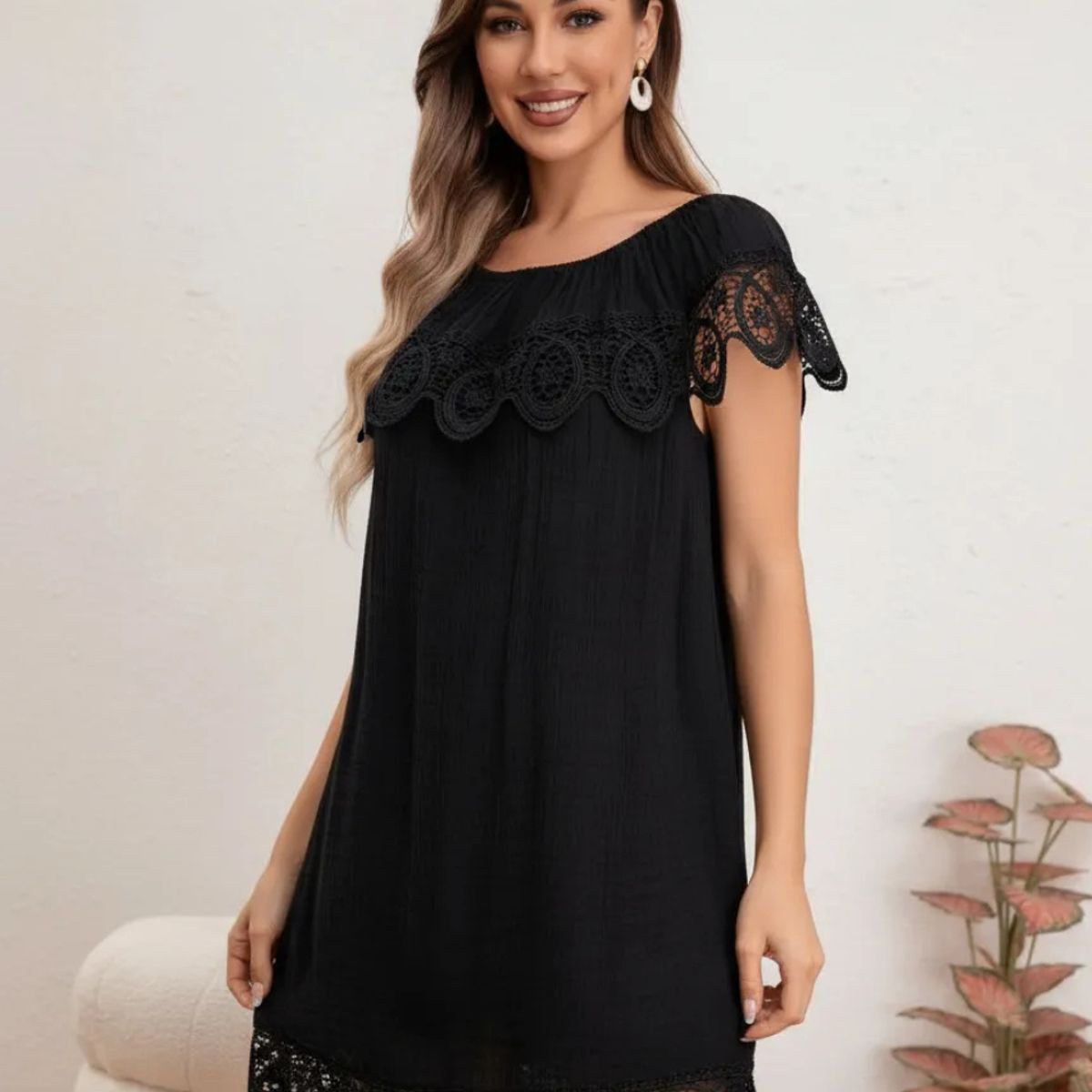 LOOK SHOP - Vestido Mujer Corto. Tipo Lino Con Encaje Primavera Verano 8349