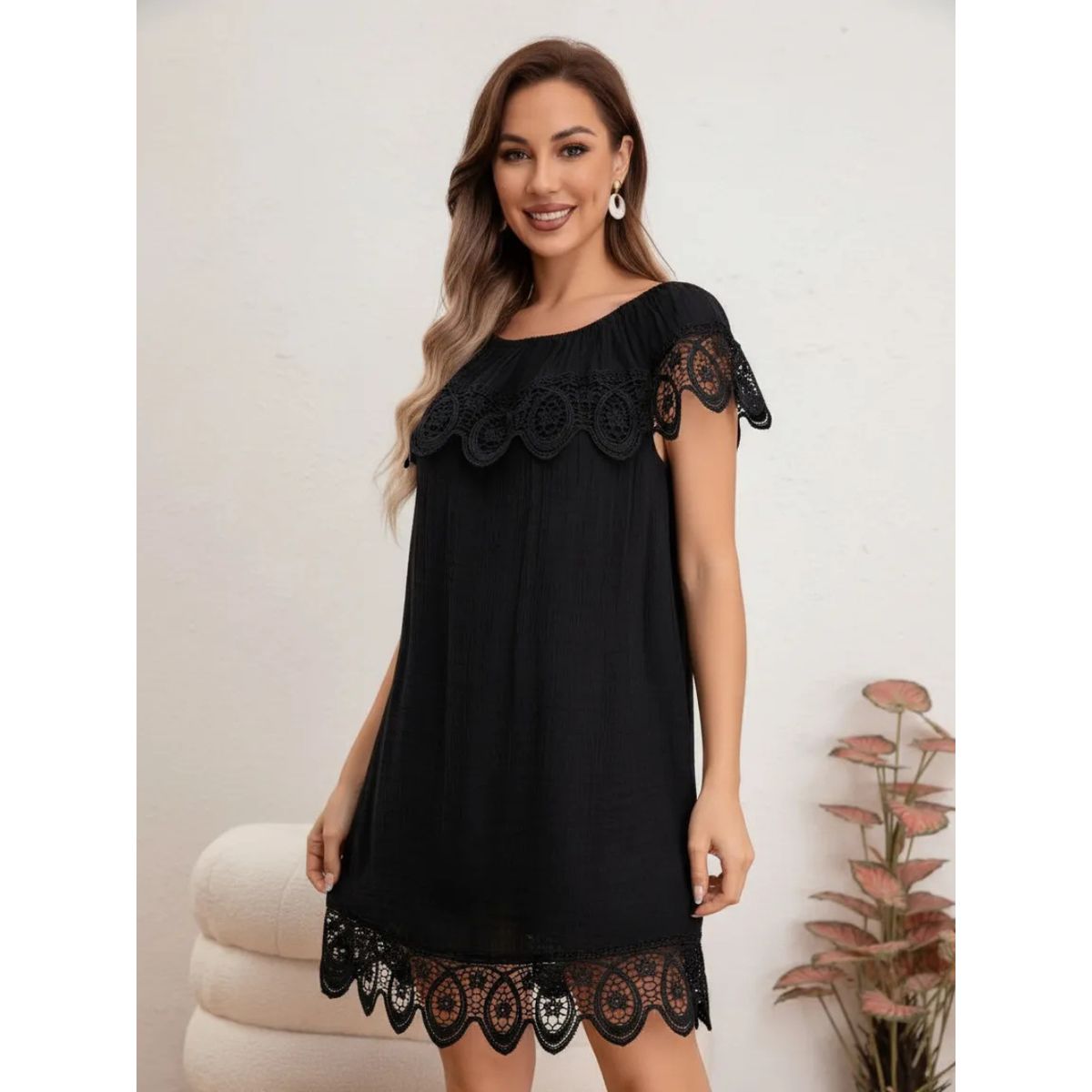 LOOK SHOP - Vestido Mujer Corto. Tipo Lino Con Encaje Primavera Verano 8349