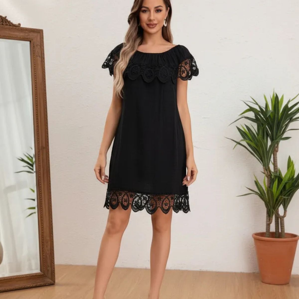 LOOK SHOP - Vestido Mujer Corto. Tipo Lino Con Encaje Primavera Verano 8349