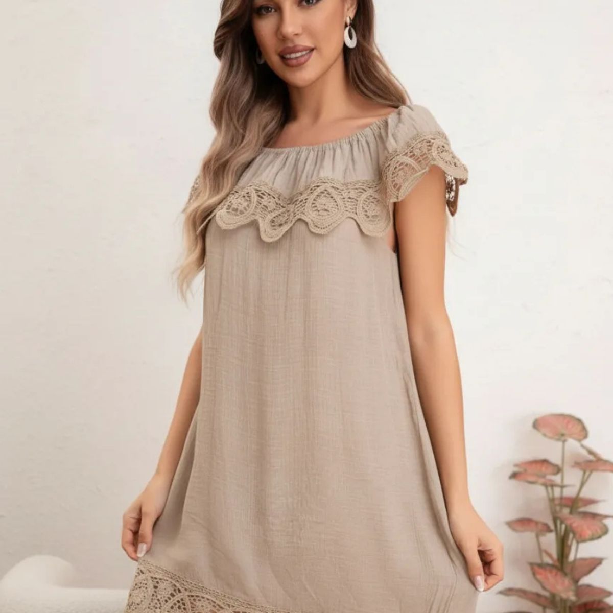 LOOK SHOP - Vestido Mujer Corto. Tipo Lino Con Encaje Primavera Verano 8349