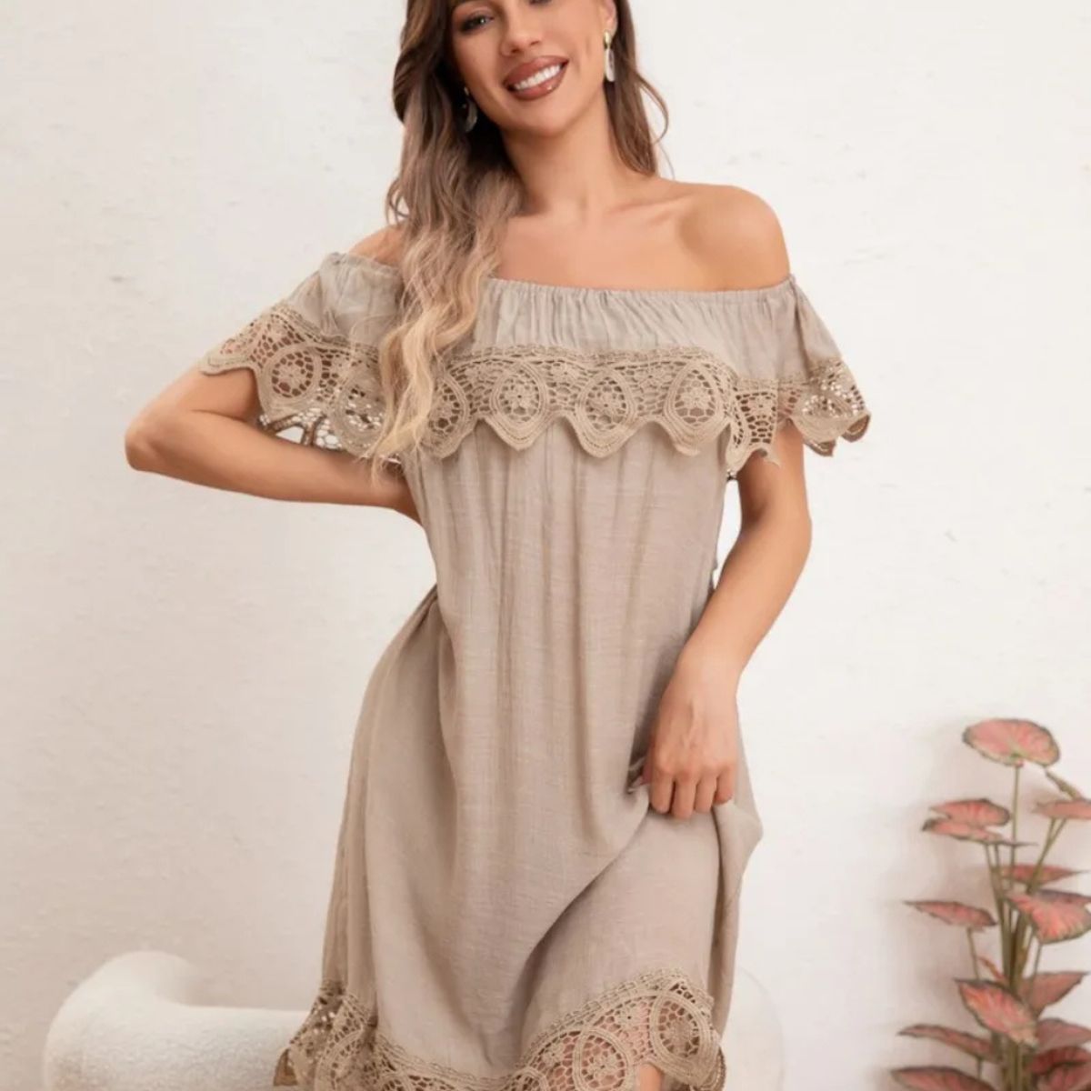 LOOK SHOP - Vestido Mujer Corto. Tipo Lino Con Encaje Primavera Verano 8349