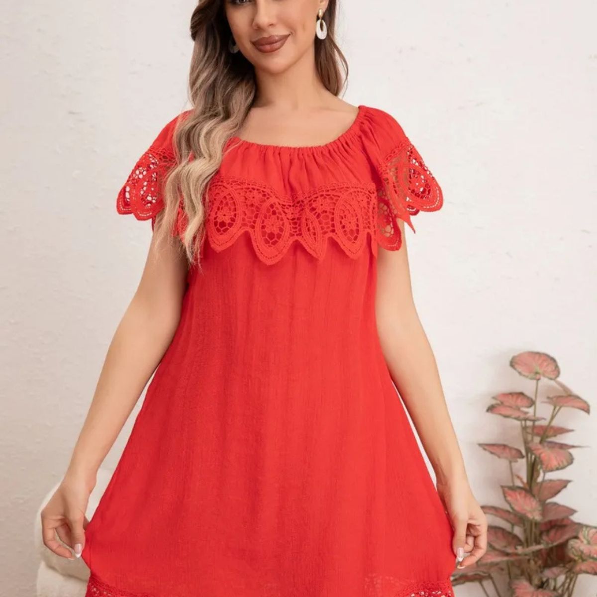 LOOK SHOP - Vestido Mujer Corto. Tipo Lino Con Encaje Primavera Verano 8349