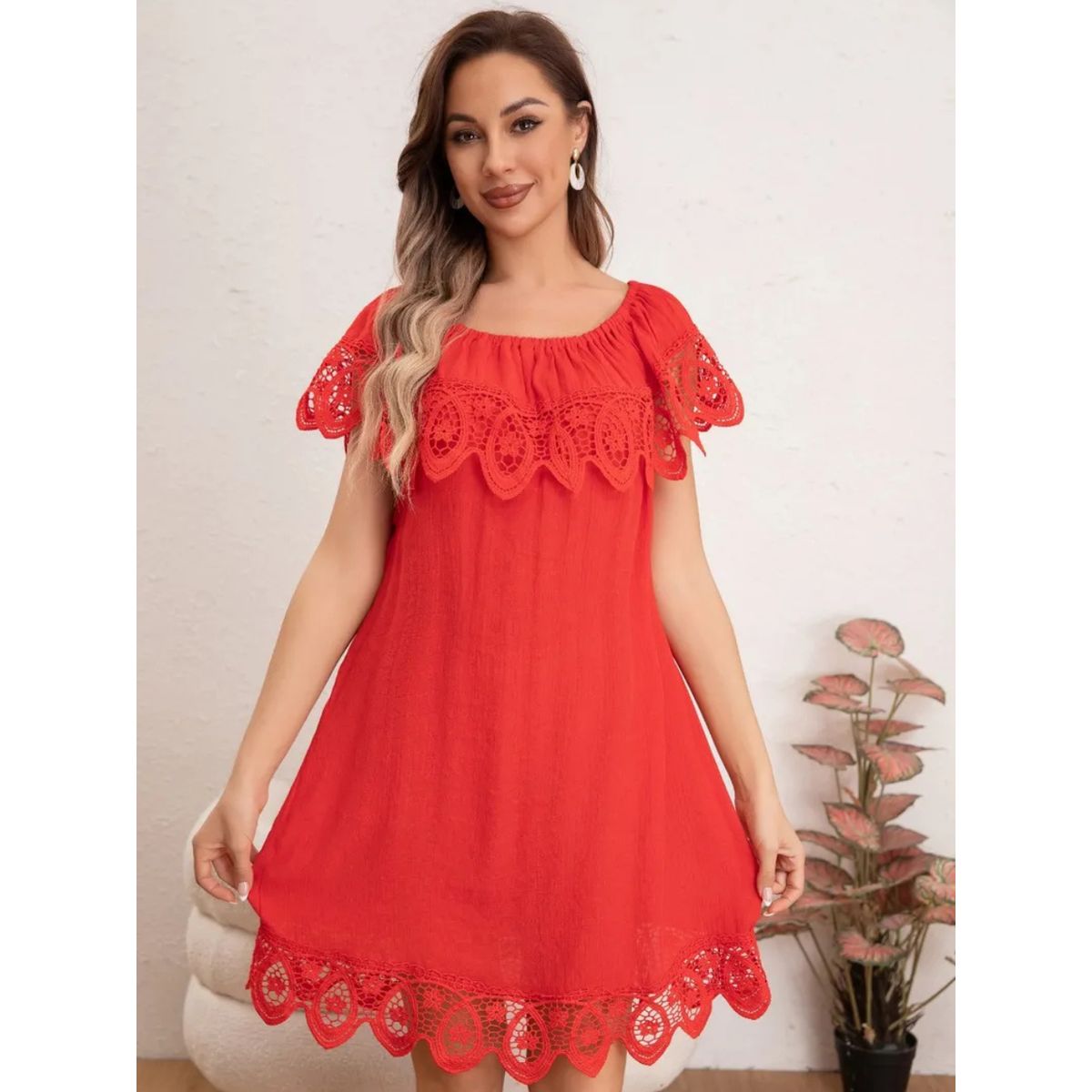 LOOK SHOP - Vestido Mujer Corto. Tipo Lino Con Encaje Primavera Verano 8349