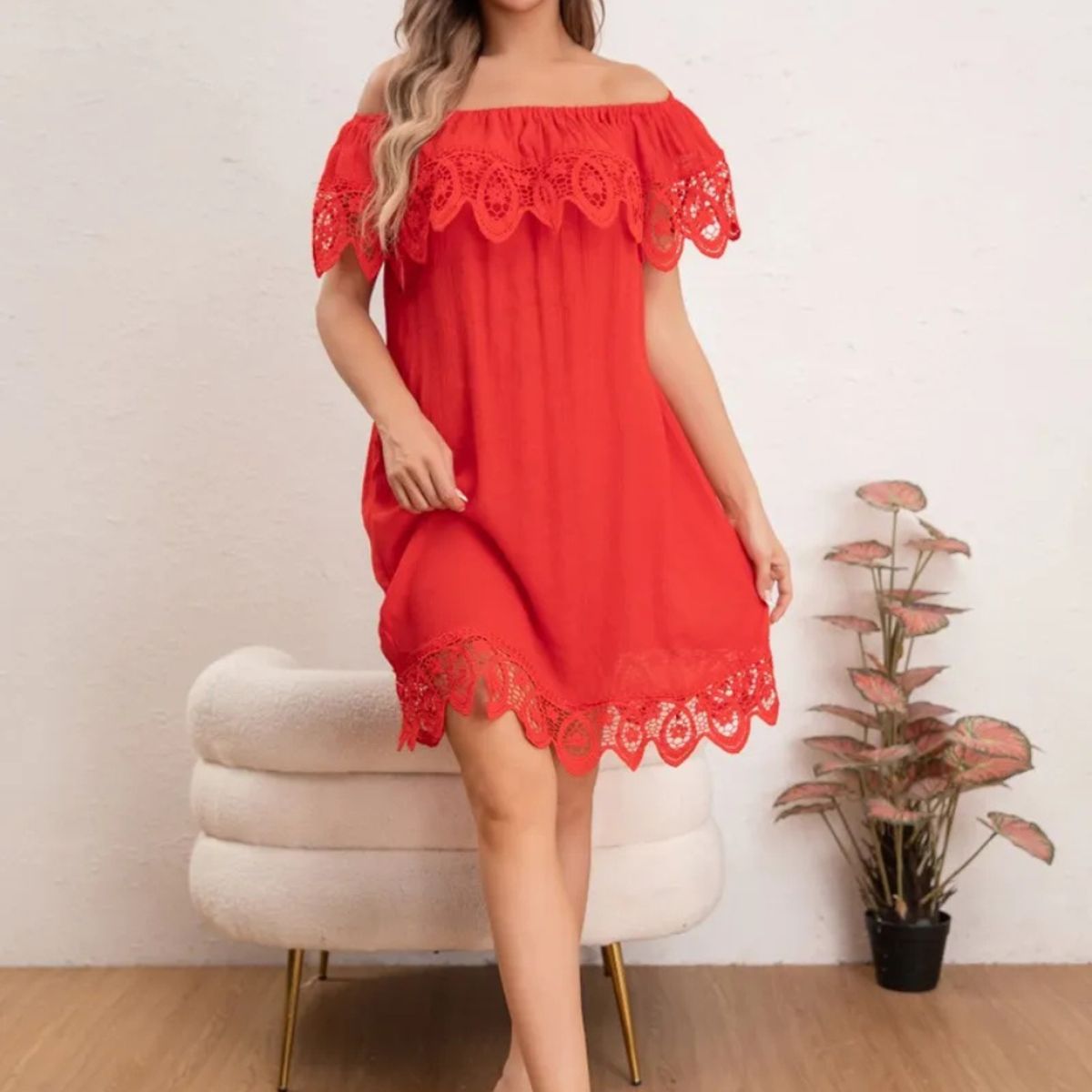 LOOK SHOP - Vestido Mujer Corto. Tipo Lino Con Encaje Primavera Verano 8349