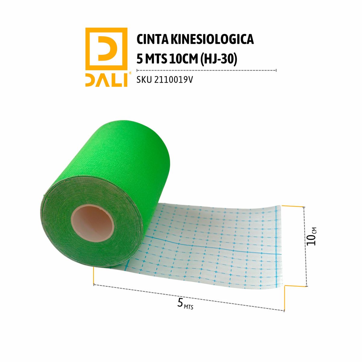 DALI - Cinta Kinesiológica 5 m x 10 cm Kinesio Tape Algodón Adhesivo Rehabilitación Deportiva Color Verde