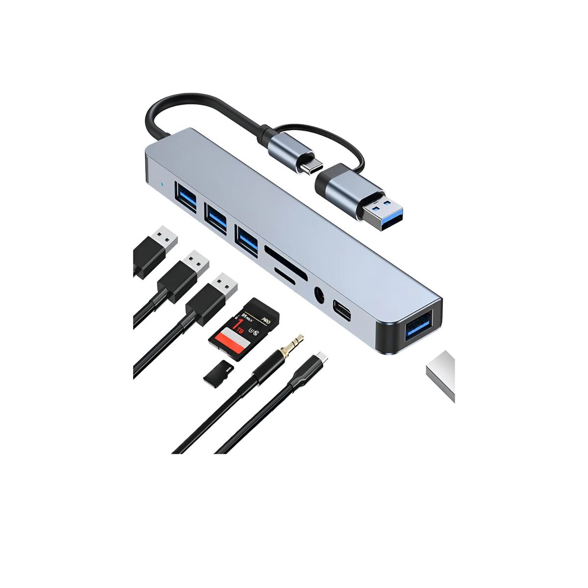 GENERICO - Hub 8 En 2 Puertos Usb C/usb2/3/sd/tf/jack Mac Notebook Pc Color Gris