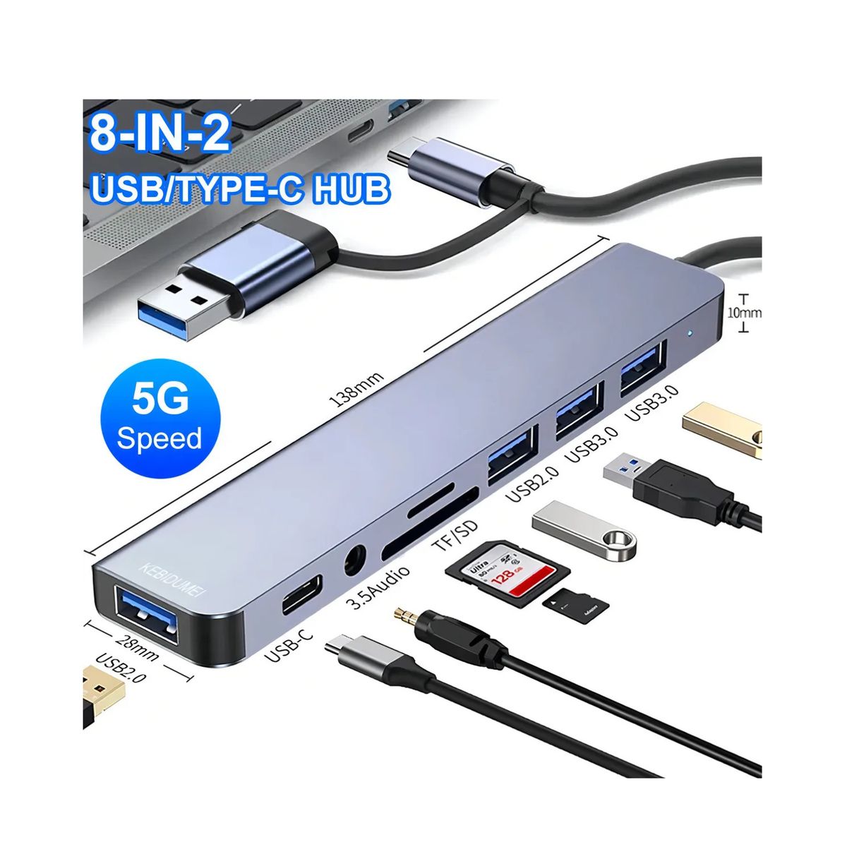 GENERICO - Hub 8 En 2 Puertos Usb C/usb2/3/sd/tf/jack Mac Notebook Pc Color Gris