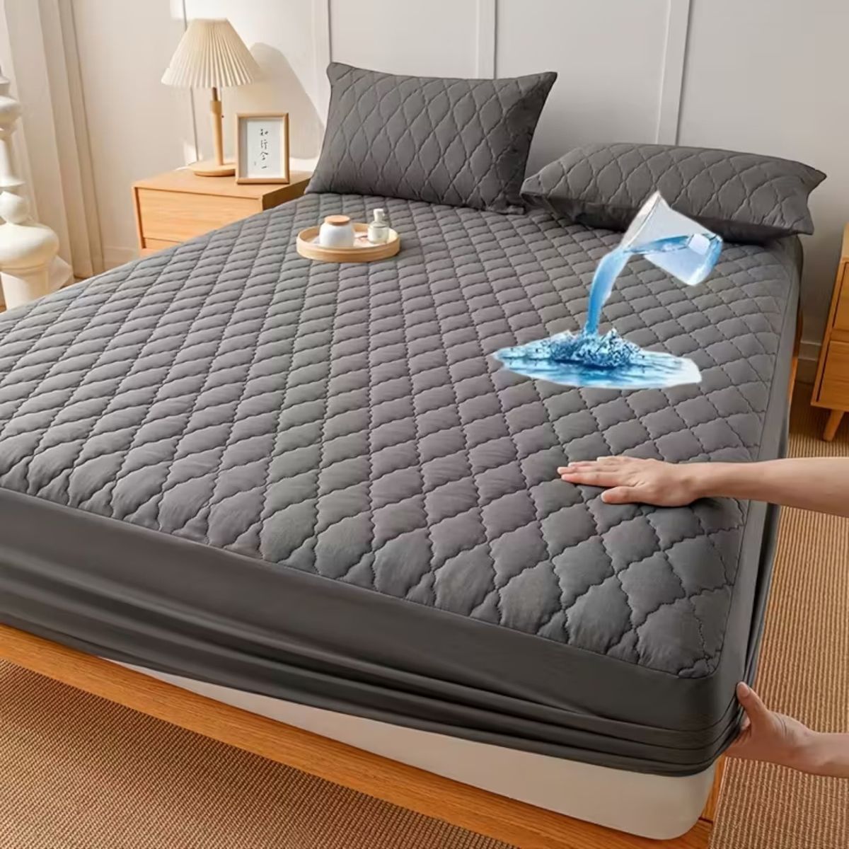 GENERICO - Cubrecolchón impermeable King + 02 fundas de almohada Plomo
