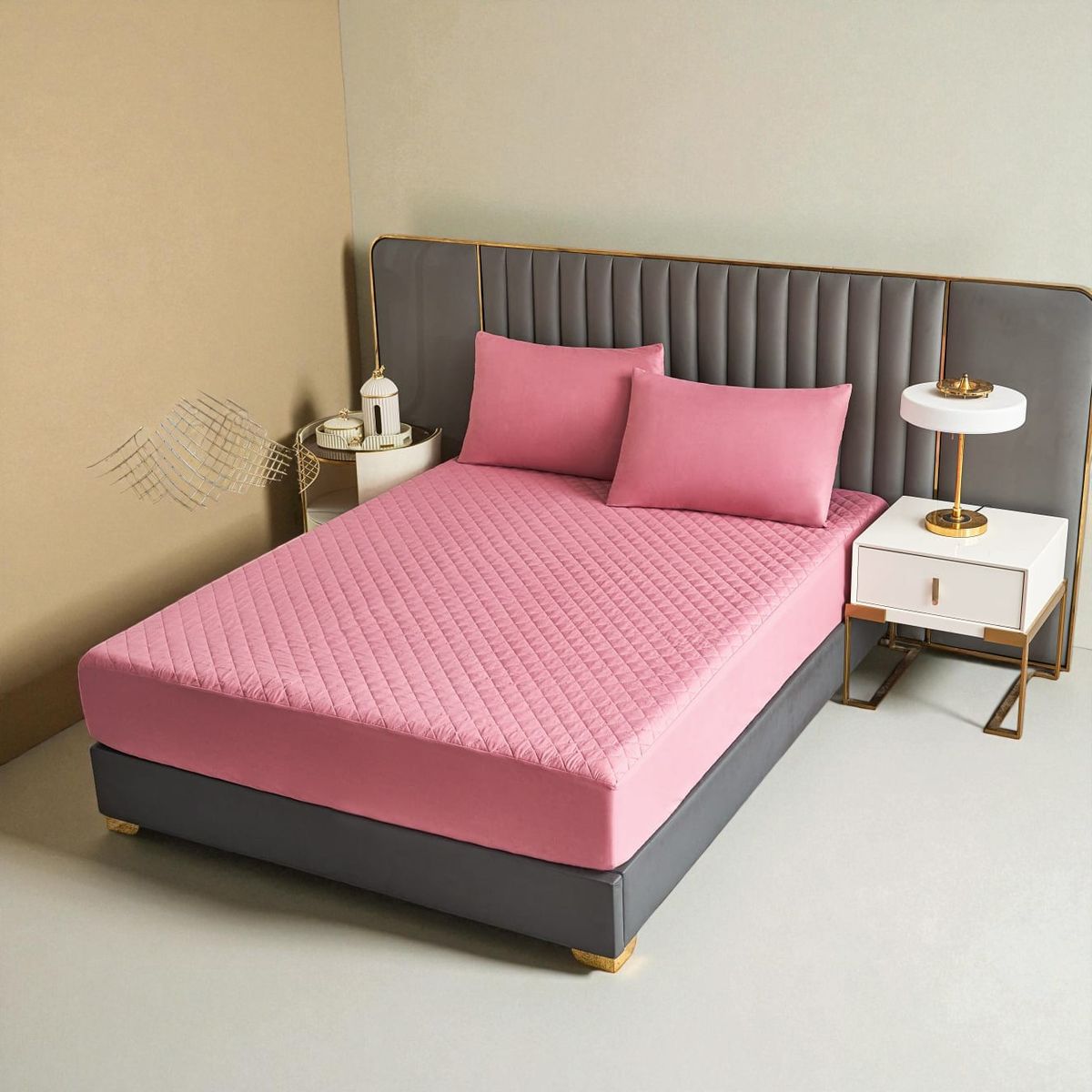 GENERICO - Cubrecolchón impermeable King + 02 fundas de almohada Rosado