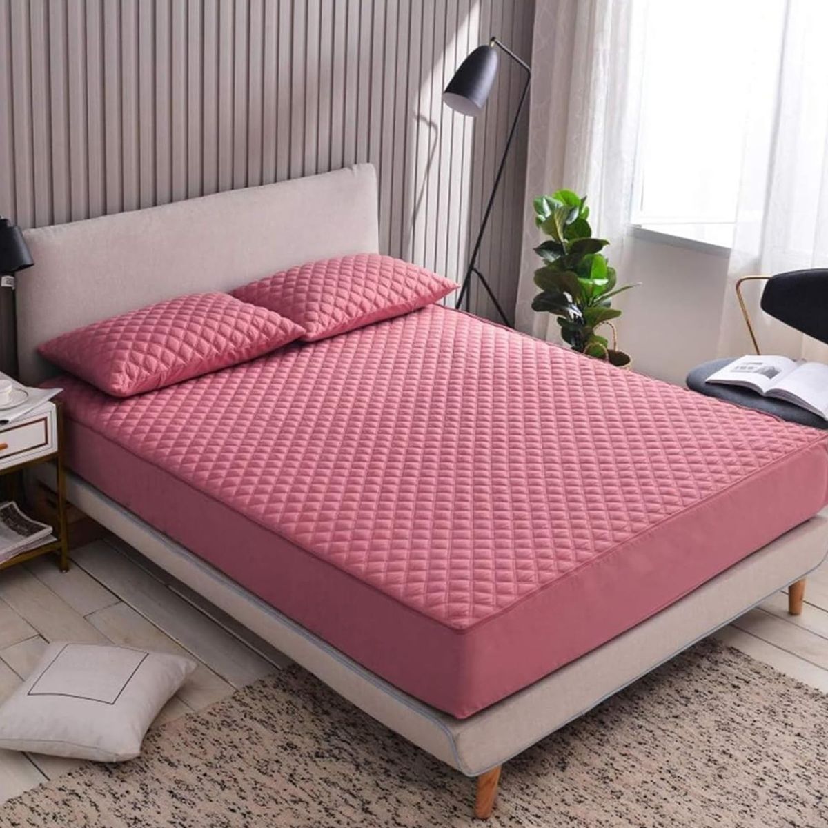 GENERICO - Cubrecolchón impermeable King + 02 fundas de almohada Rosado