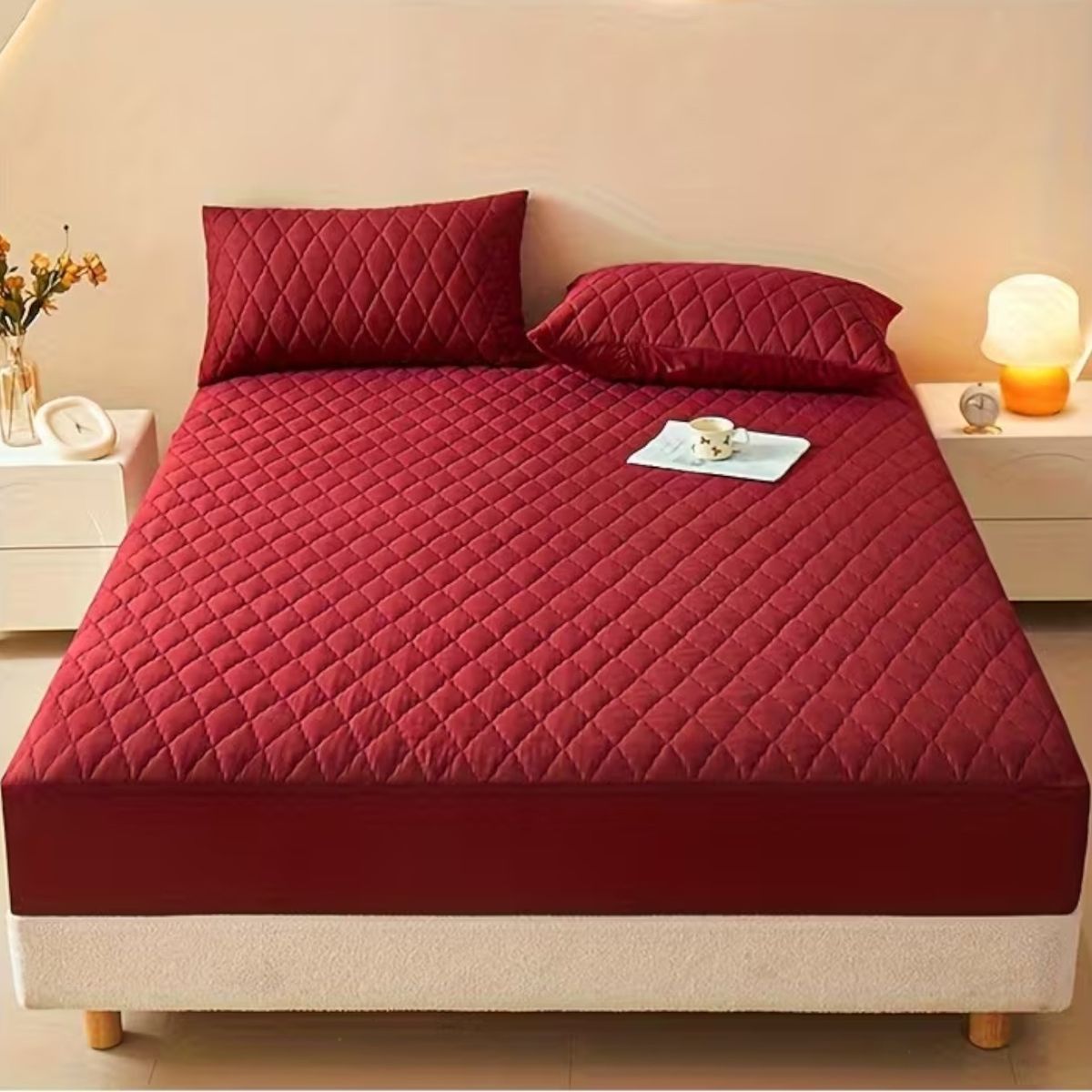 GENERICO - Cubrecolchón impermeable King + 02 fundas de almohada Burdeo
