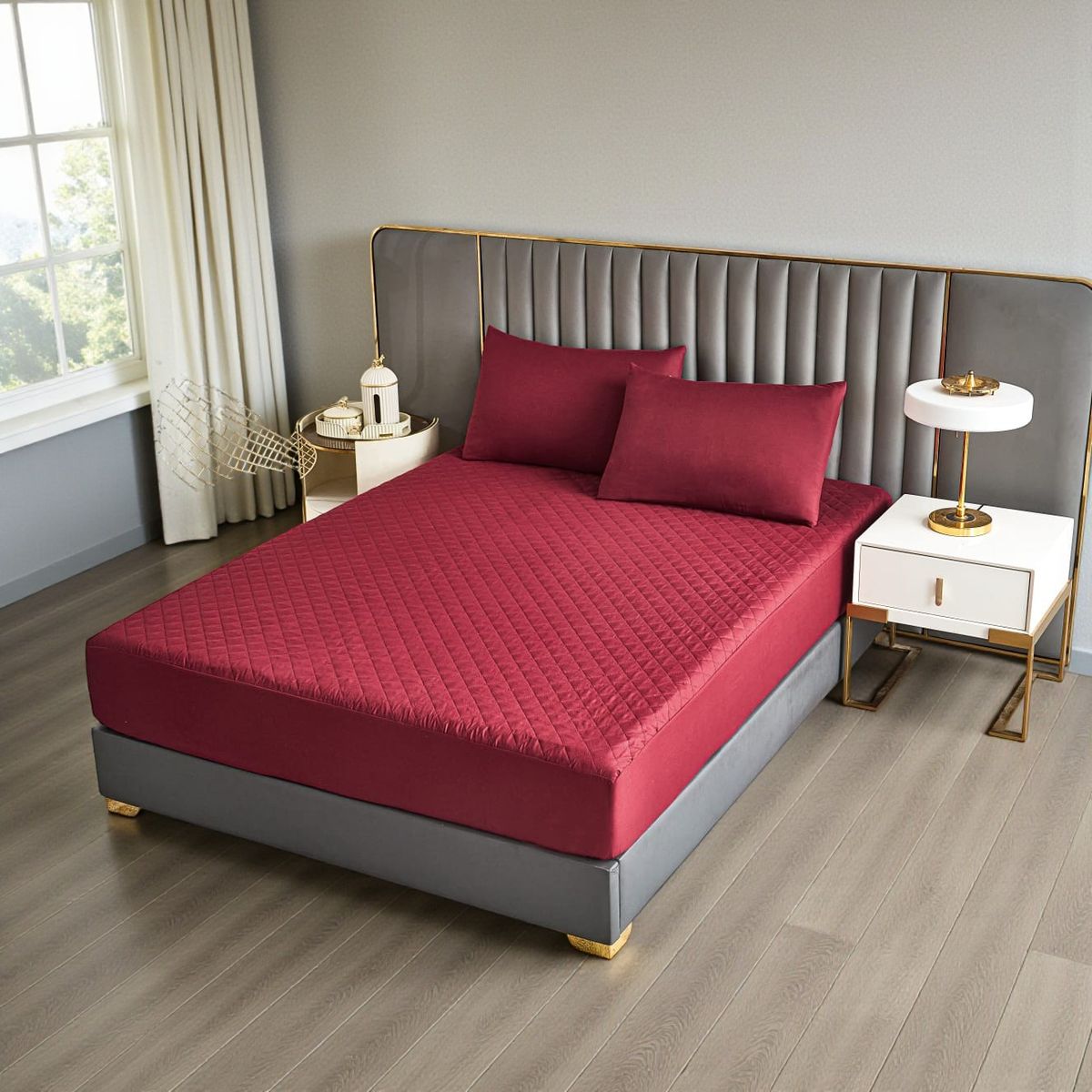 GENERICO - Cubrecolchón impermeable King + 02 fundas de almohada Burdeo